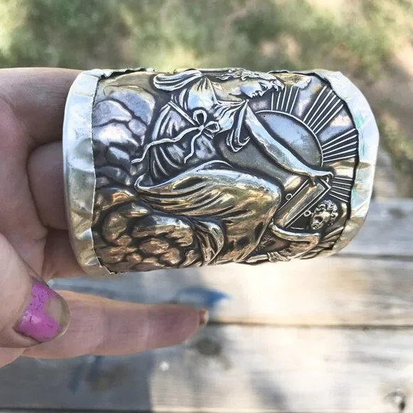 Athena Goddess Columbia Antique Wide Sterling Silver 925 Cuff Bracelet Small - Picture 6 of 6